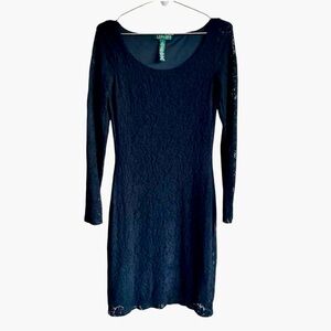 Ralph Lauren Classic Black Lace Sheer Sleeves Knee Length Dress, Size S